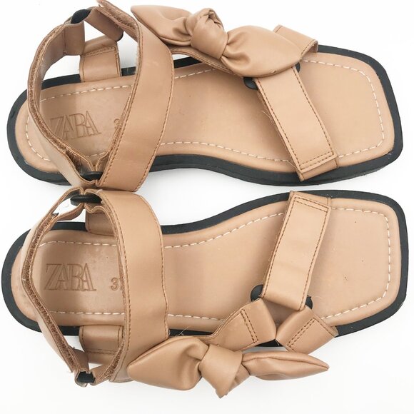 ZARA Bow Velcro Tan Flat Neutral Beige Square Toe Sandals Womens 6.5 - Picture 7 of 12